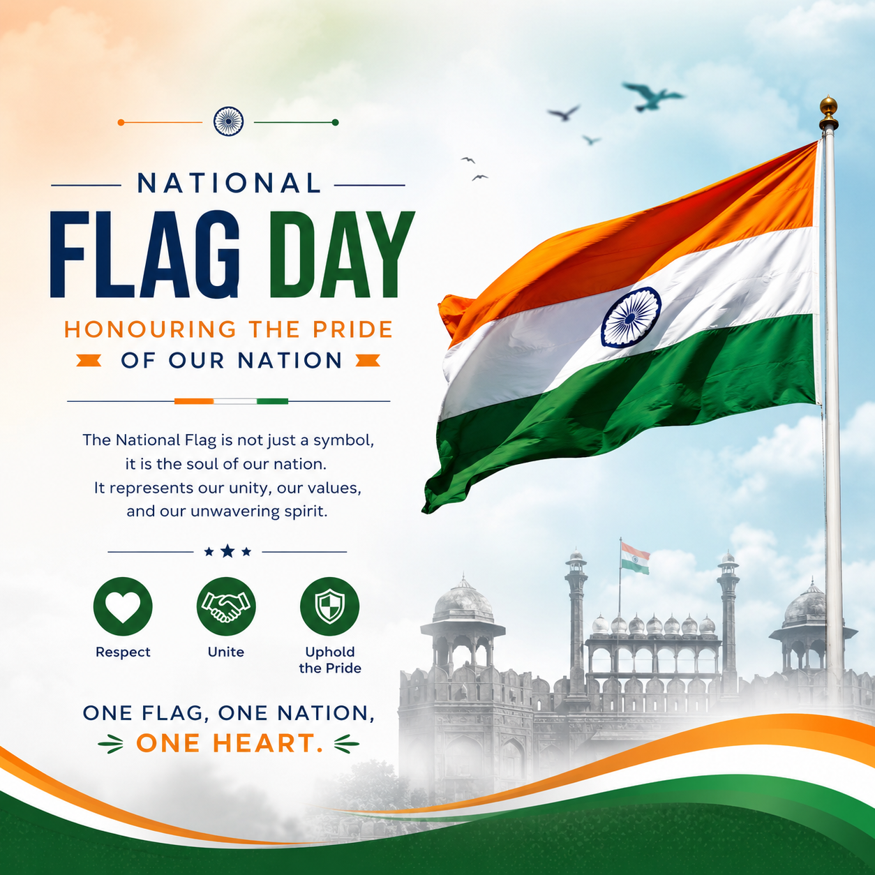 Indian National Flag waving proudly in the sky, symbolizing unity, freedom, patriotism, and the pride of the nation on National Flag Day.
