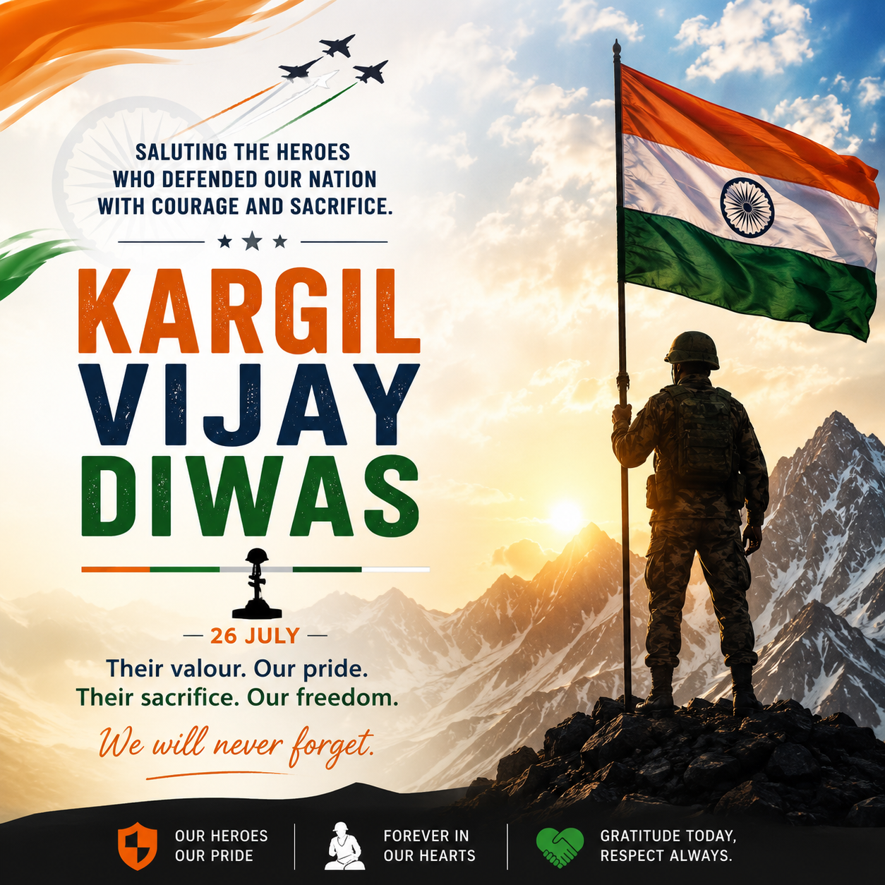 Indian soldier holding the National Flag on a mountain peak during sunrise, commemorating Kargil Vijay Diwas and honouring the bravery of Kargil War heroes.