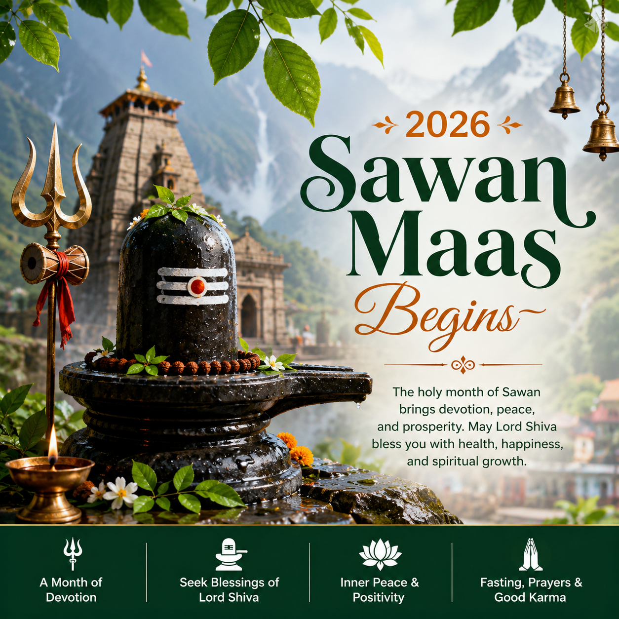 Sawan Maas 2026 Begins with Lord Shiva Shivling, Trishul, temple, and sacred devotional elements representing the holy month of Shravan.