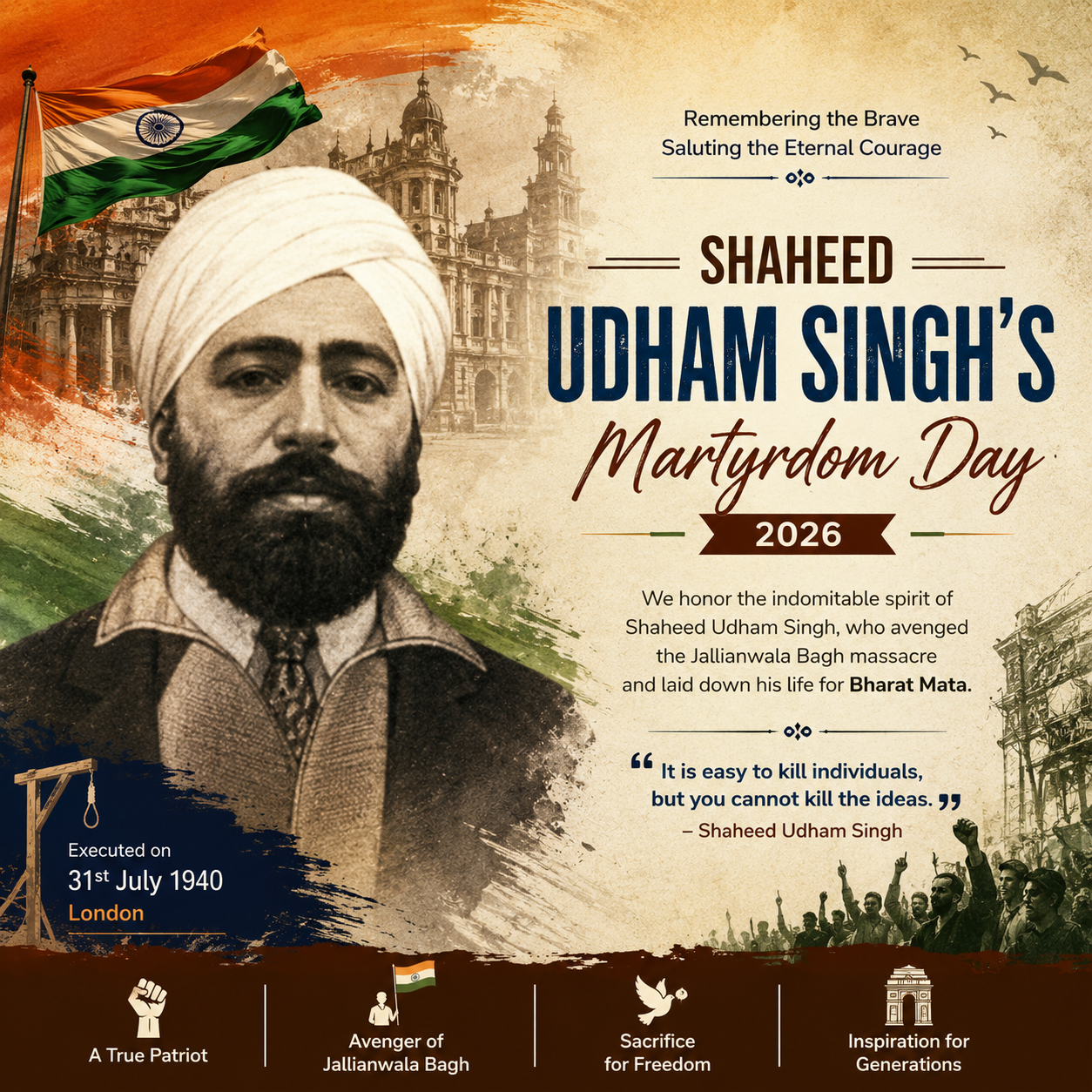 Commemorative illustration of Shaheed Udham Singh on Martyrdom Day 2026 with the Indian tricolor, patriotic background, and tribute to the freedom fighter who avenged the Jallianwala Bagh massacre.