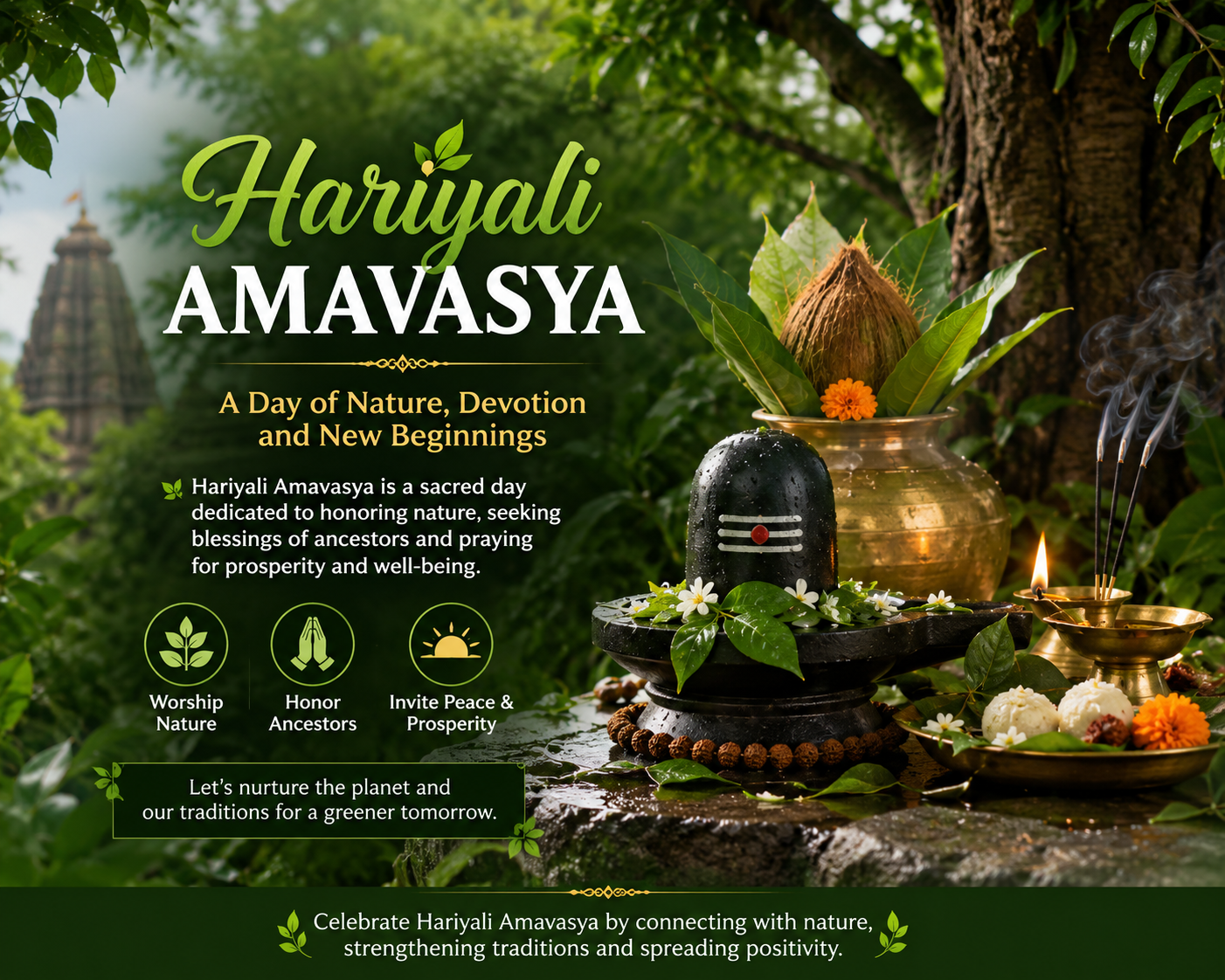 Hariyali Amavasya festival celebration with Shiva Lingam, kalash, diya, flowers and lush green nature