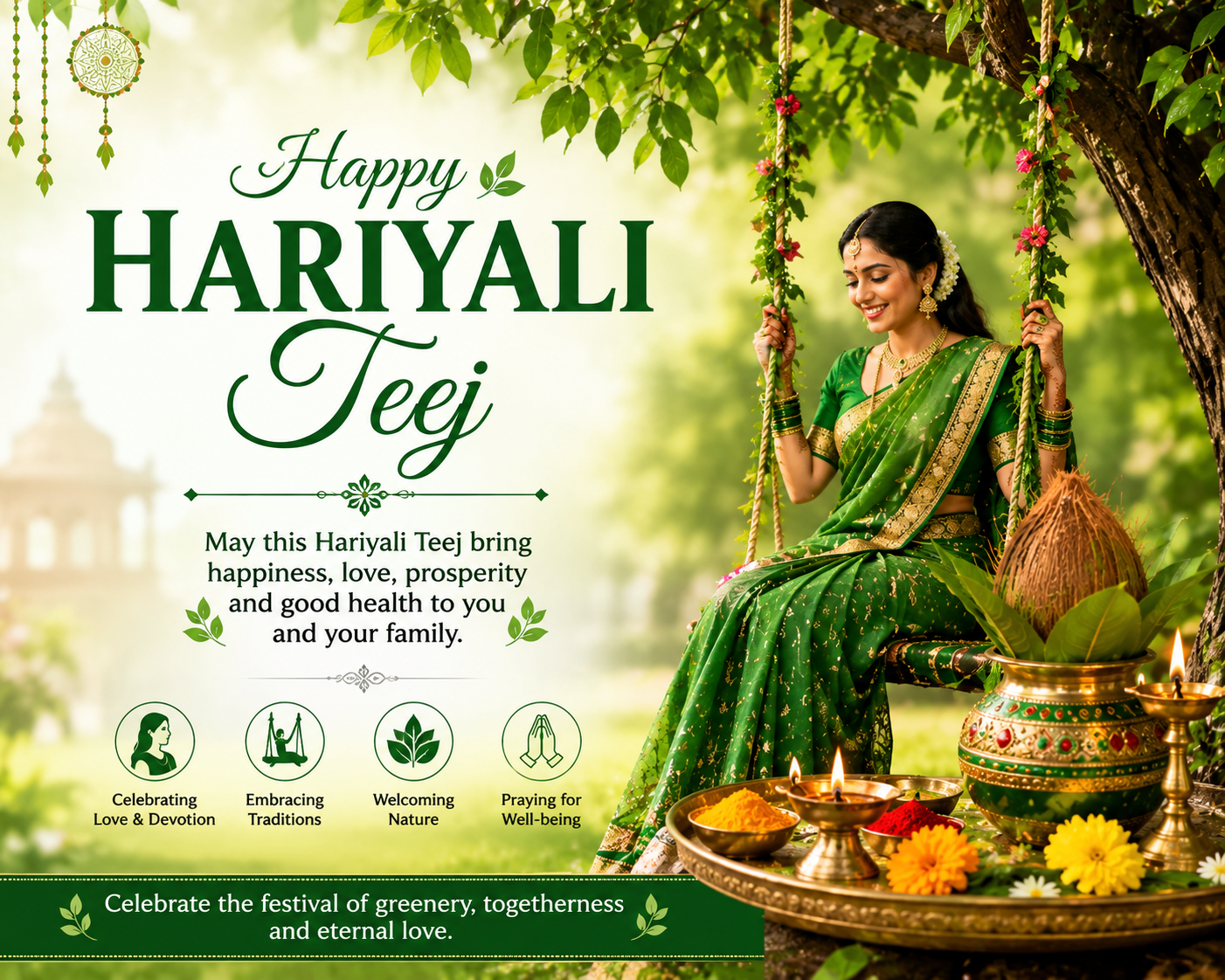 Hariyali Teej celebration with woman in green saree, traditional swing, flowers, diya and pooja decorations