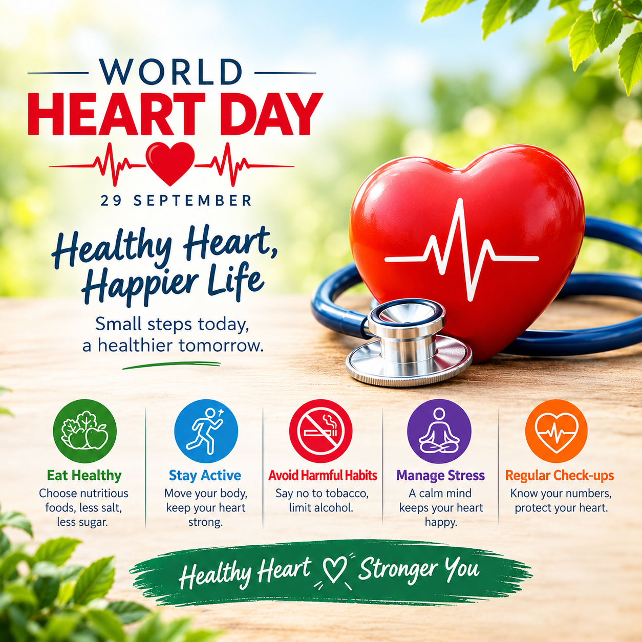World Heart Day awareness graphic featuring a healthy heart, stethoscope, and heart-health tips