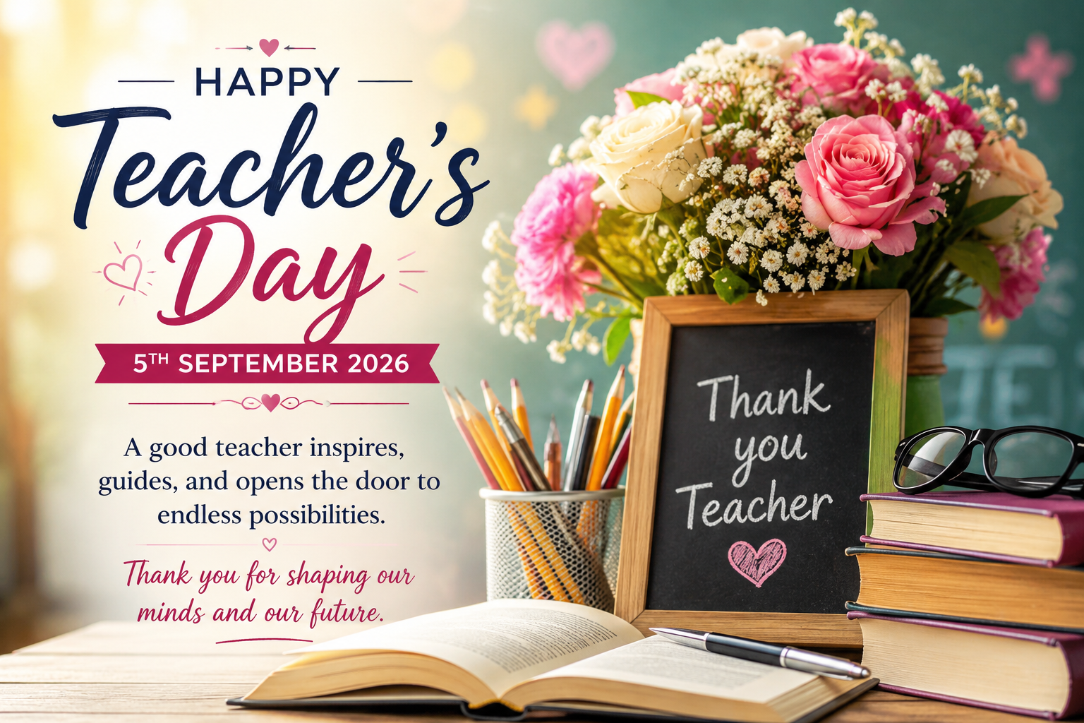 Happy Teachers’ Day 2026 greeting with flowers, books and classroom stationery
