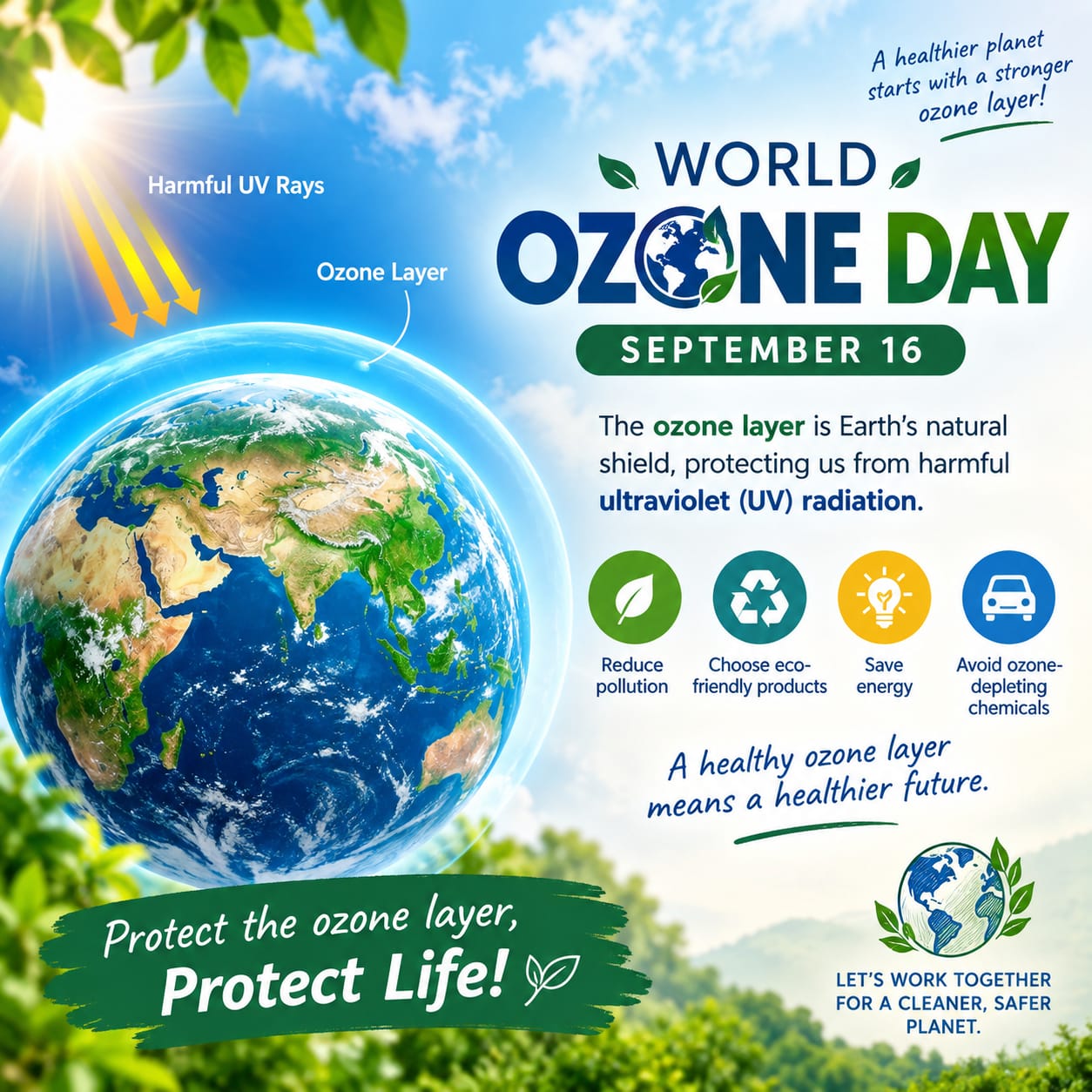 World Ozone Day awareness poster showing Earth and the importance of protecting the ozone layer